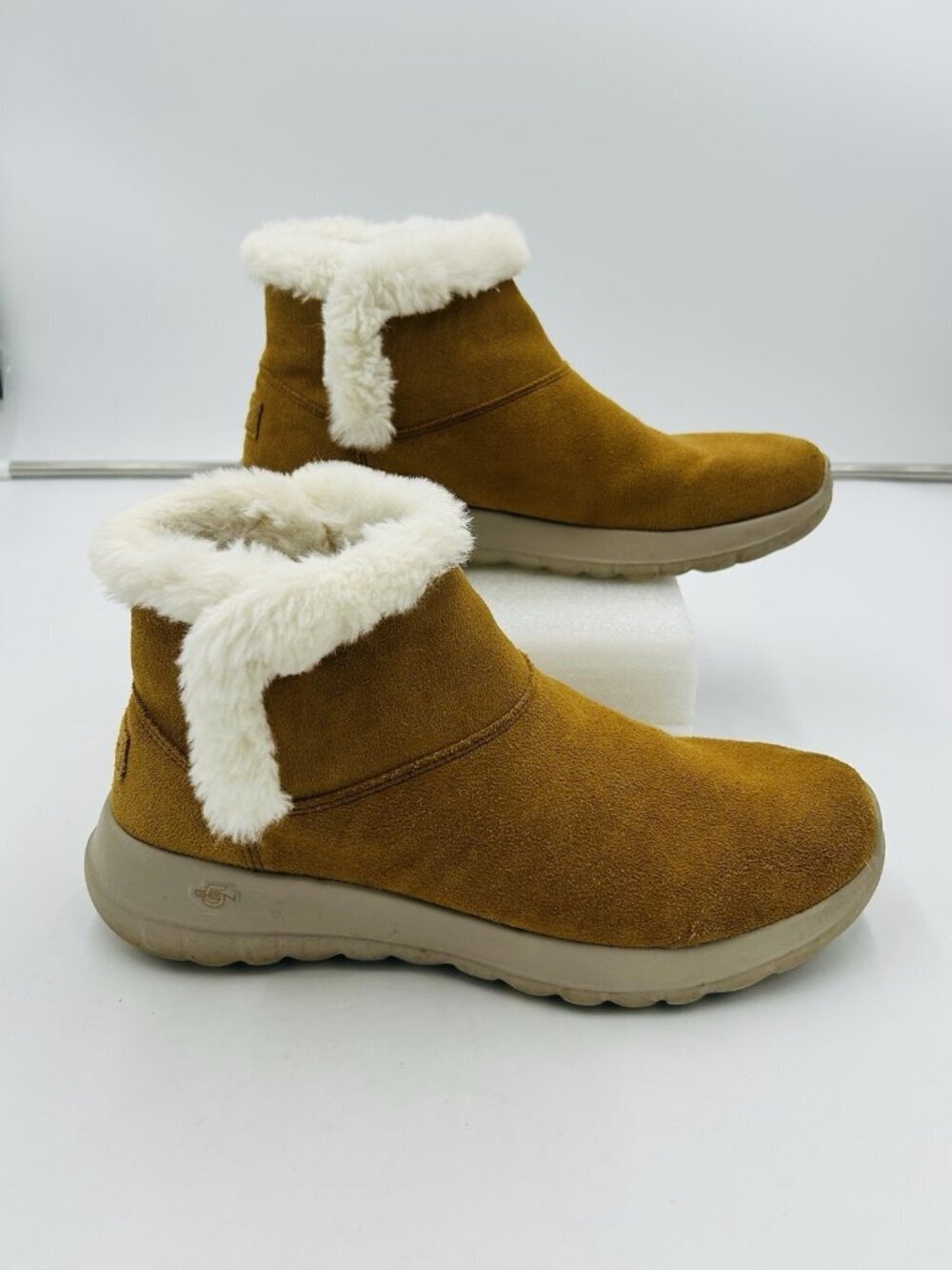 Skechers On The Go Joy Bundle Up Suede Ankle Boots Brown Womens Sz 8.5 Faux Fur